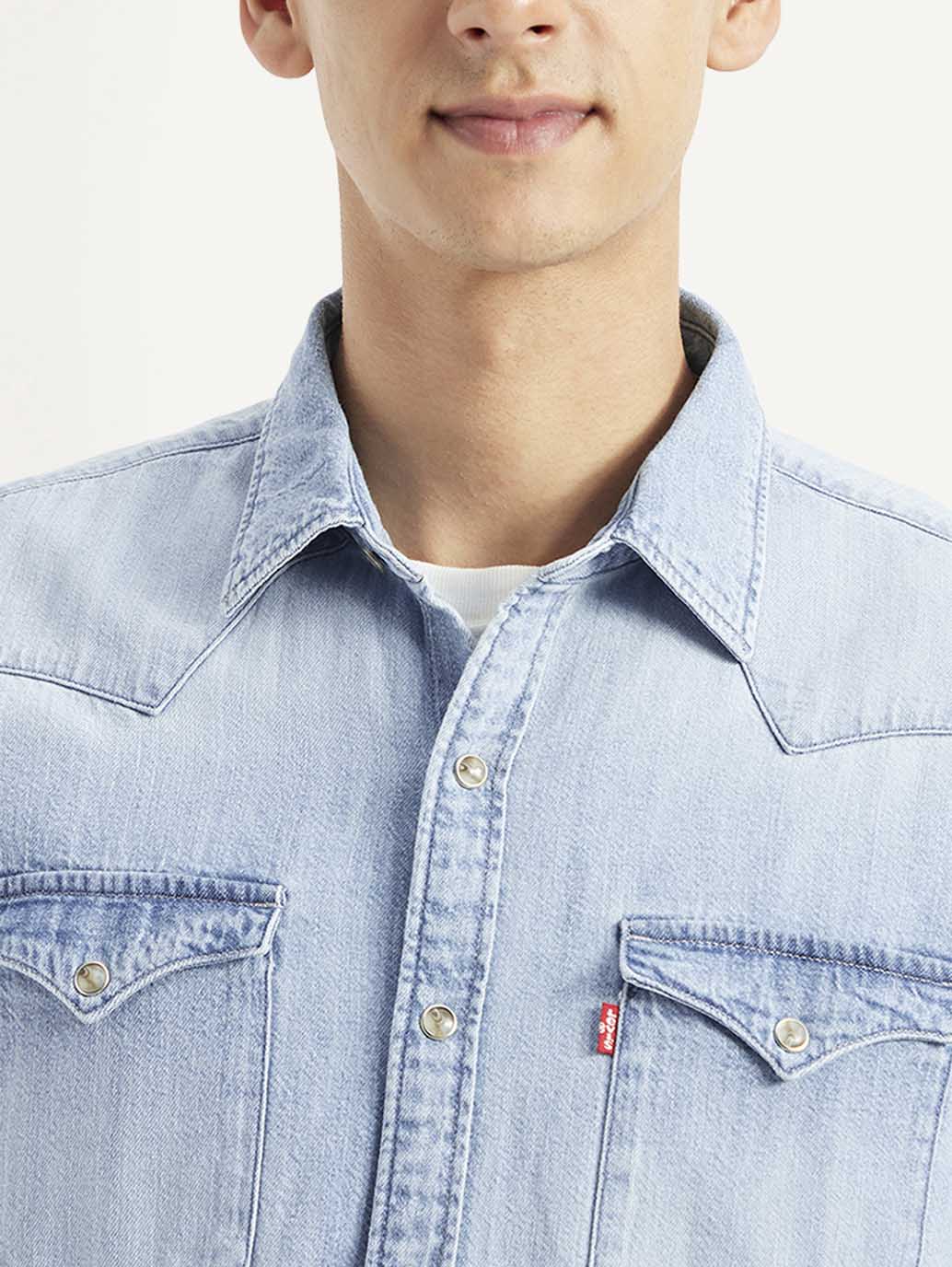 Men's Solid Slim Fit Denim Shirt - Detail View