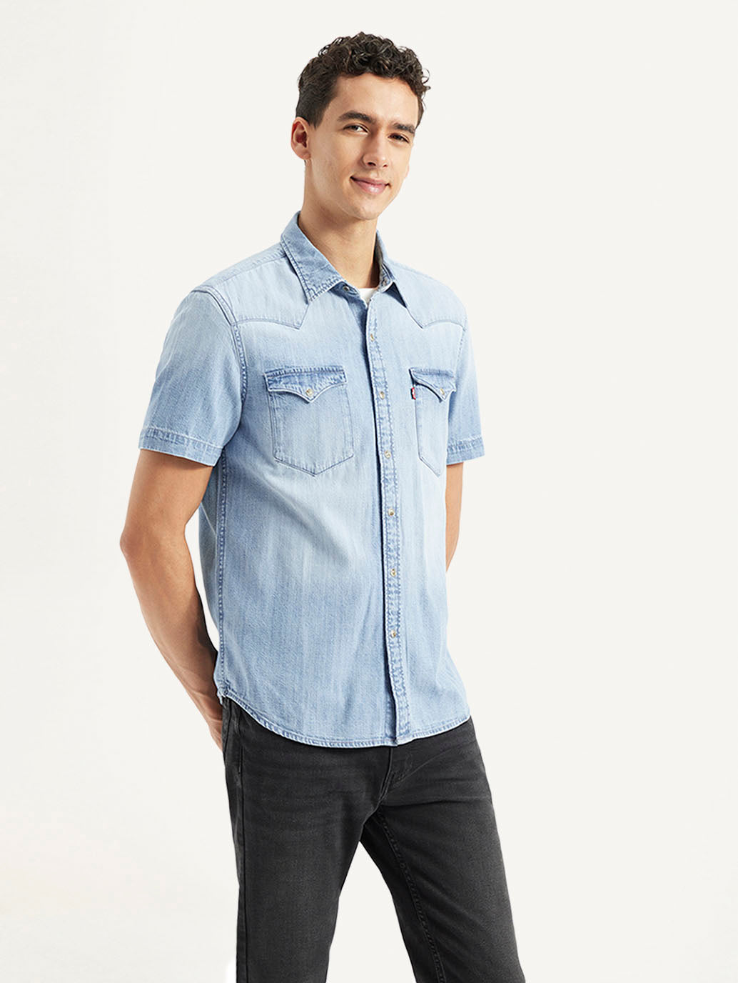 Men's Solid Slim Fit Denim Shirt - Side View