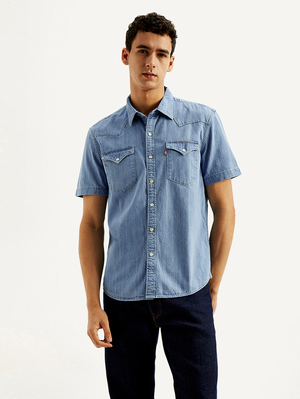 Men's Solid Slim Fit Denim Shirt - Front View