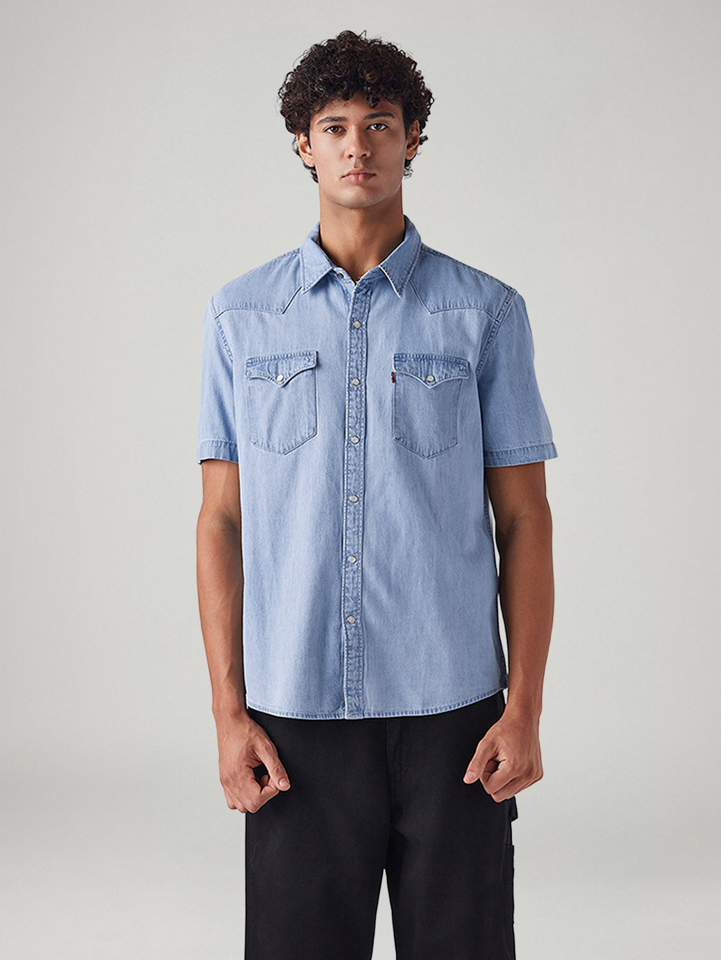 Men's Solid Slim Fit Denim Shirt - Front View