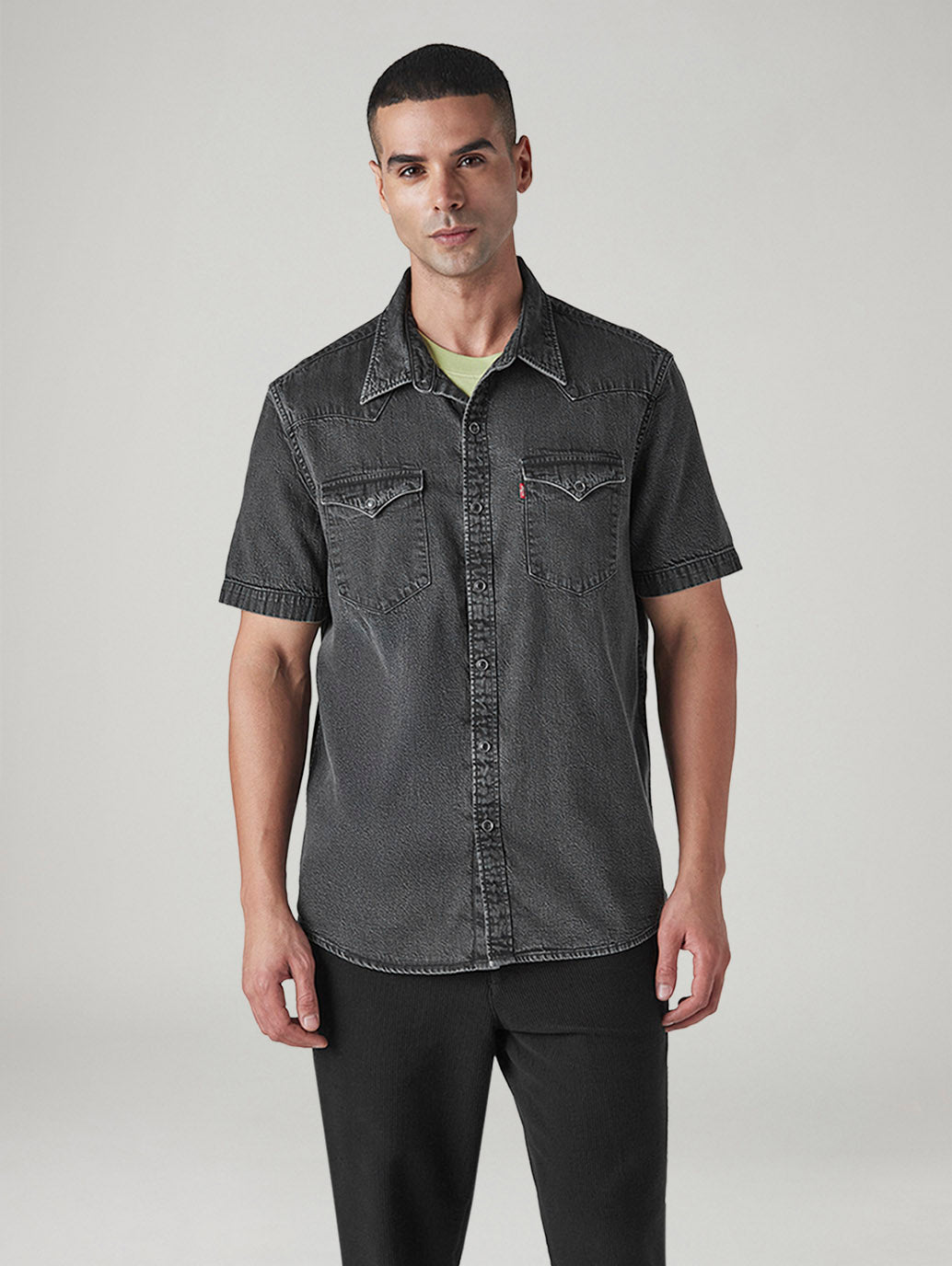 Men's Solid Slim Fit Denim Shirt - Front View