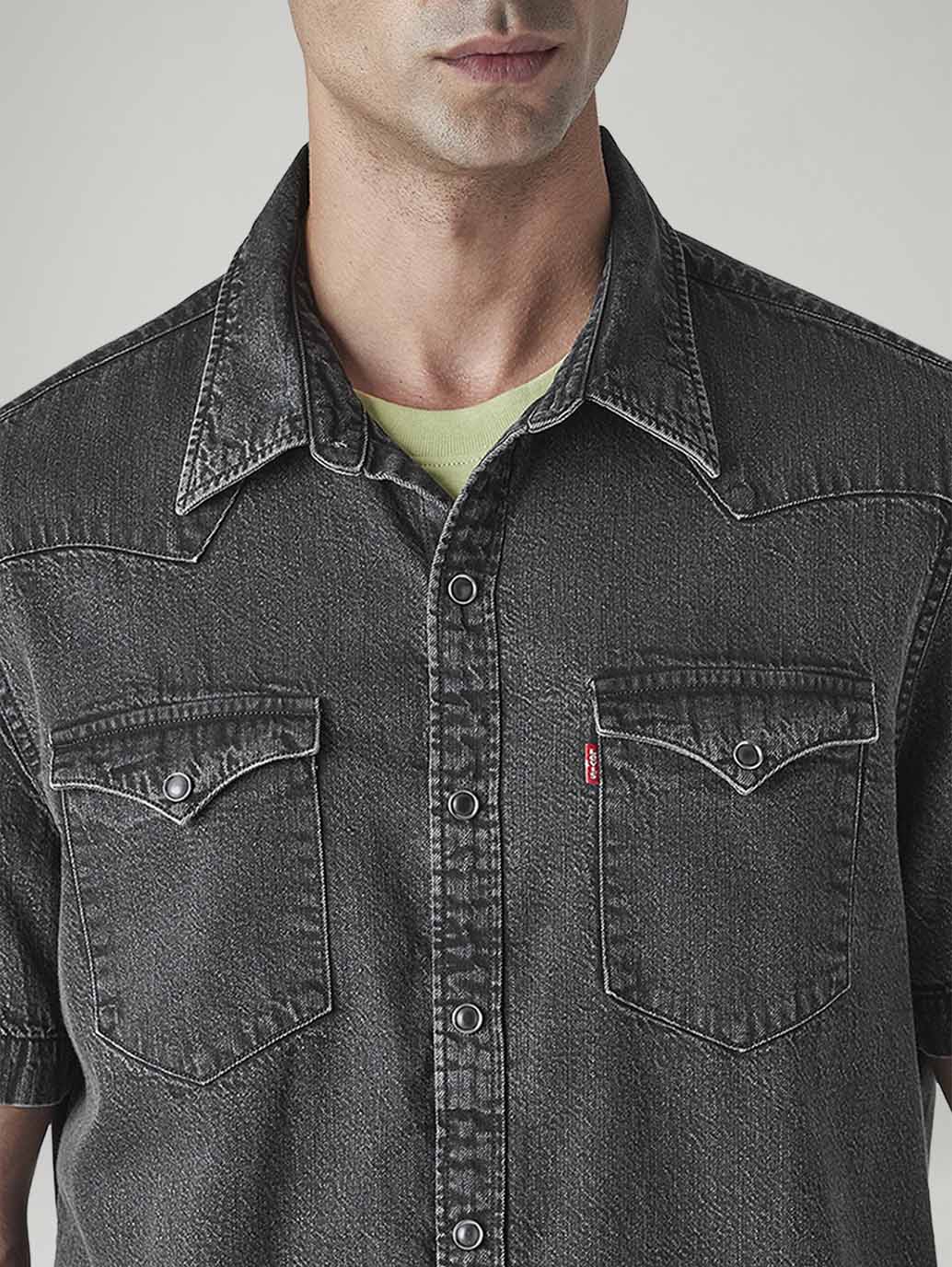 Men's Solid Slim Fit Denim Shirt - Detail View
