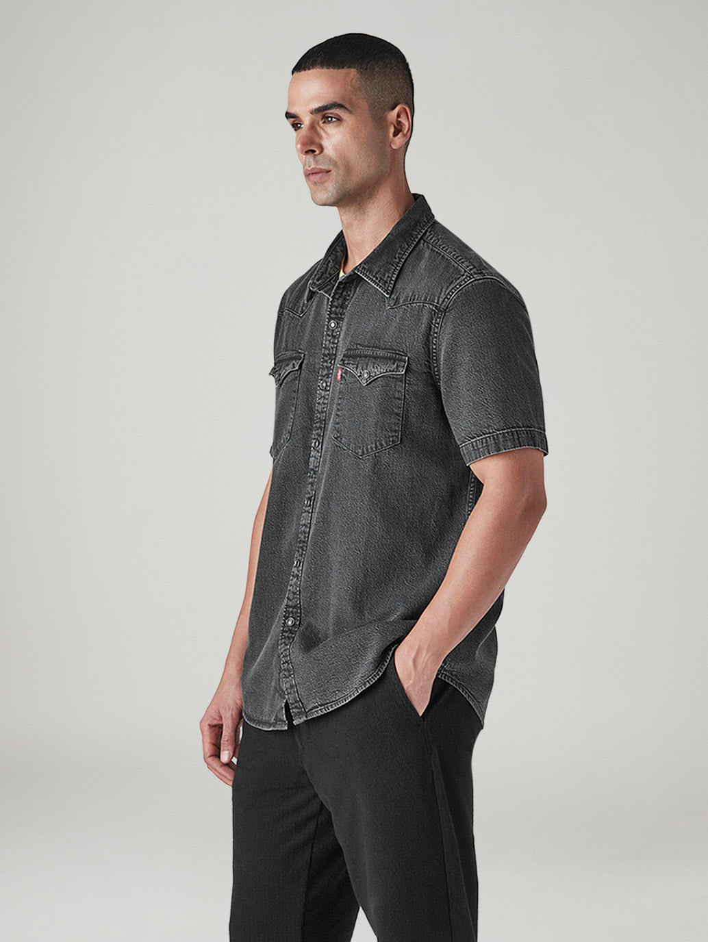 Men's Solid Slim Fit Denim Shirt - Side View