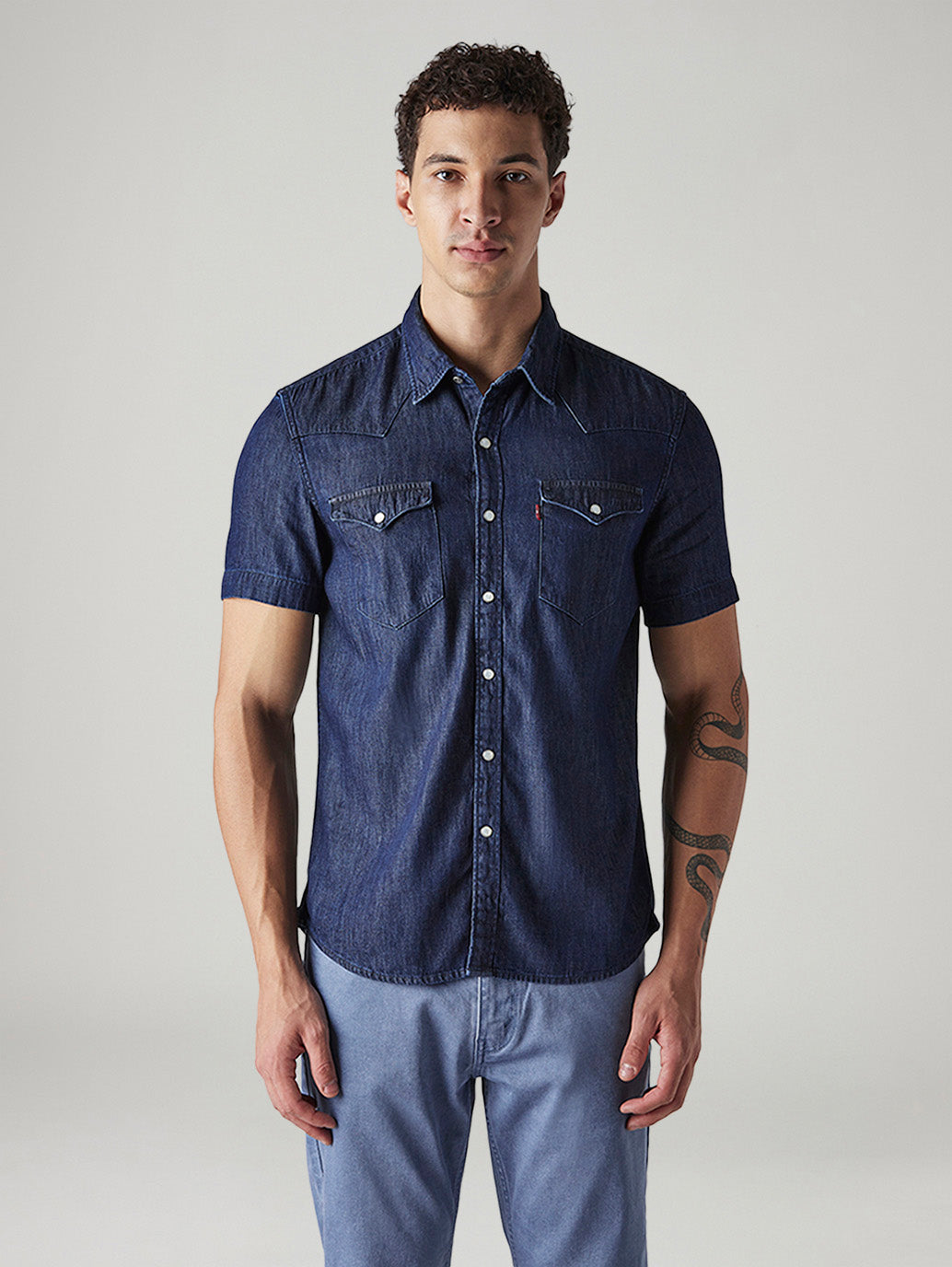 Men's Solid Slim Fit Denim Shirt - Front View