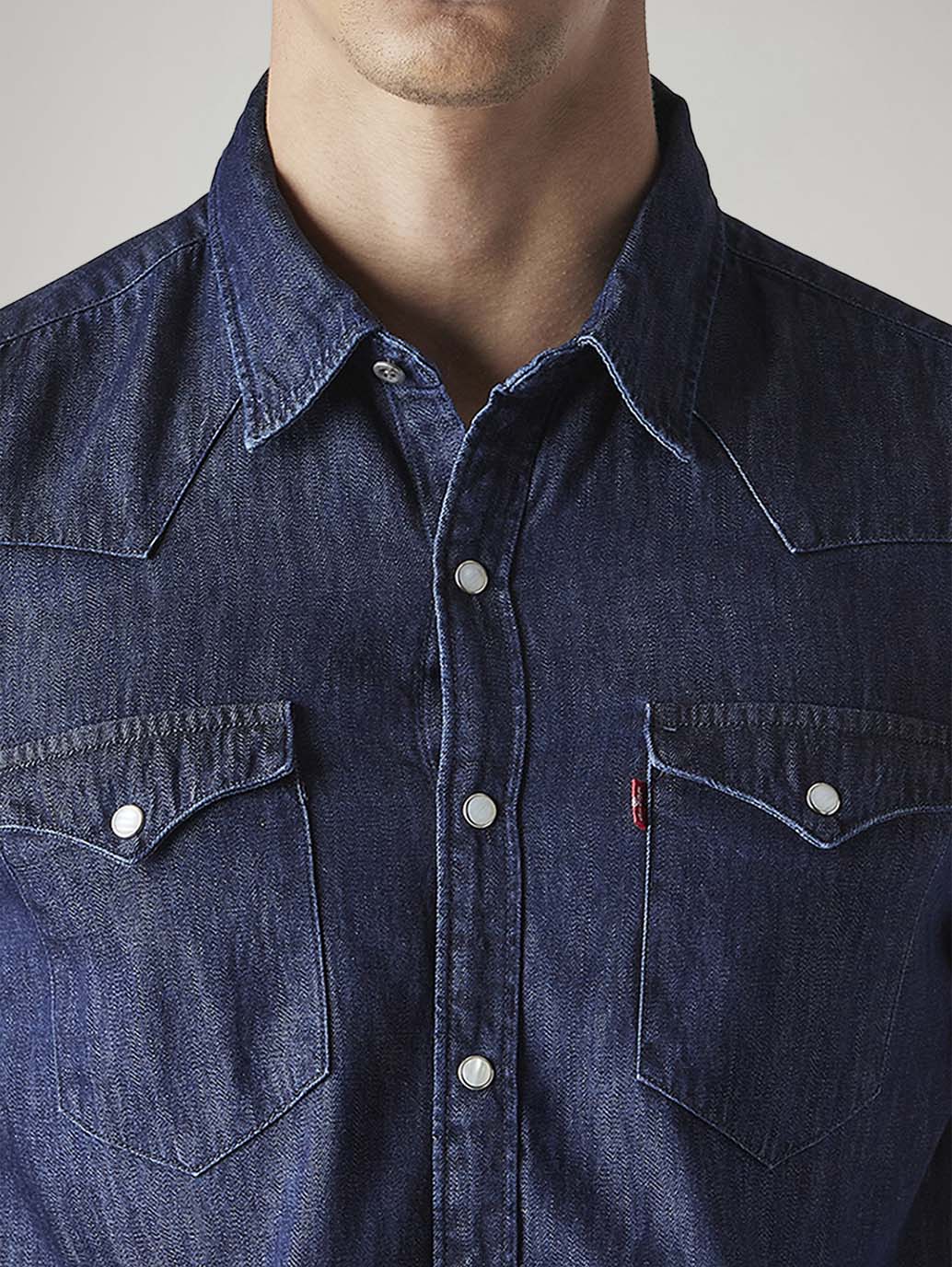 Men's Solid Slim Fit Denim Shirt - Detail View