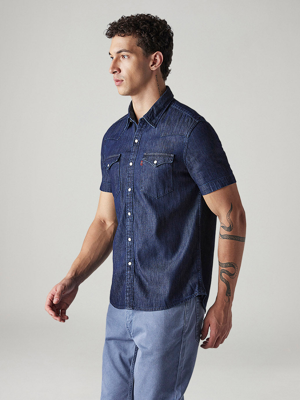 Men's Solid Slim Fit Denim Shirt - Side View