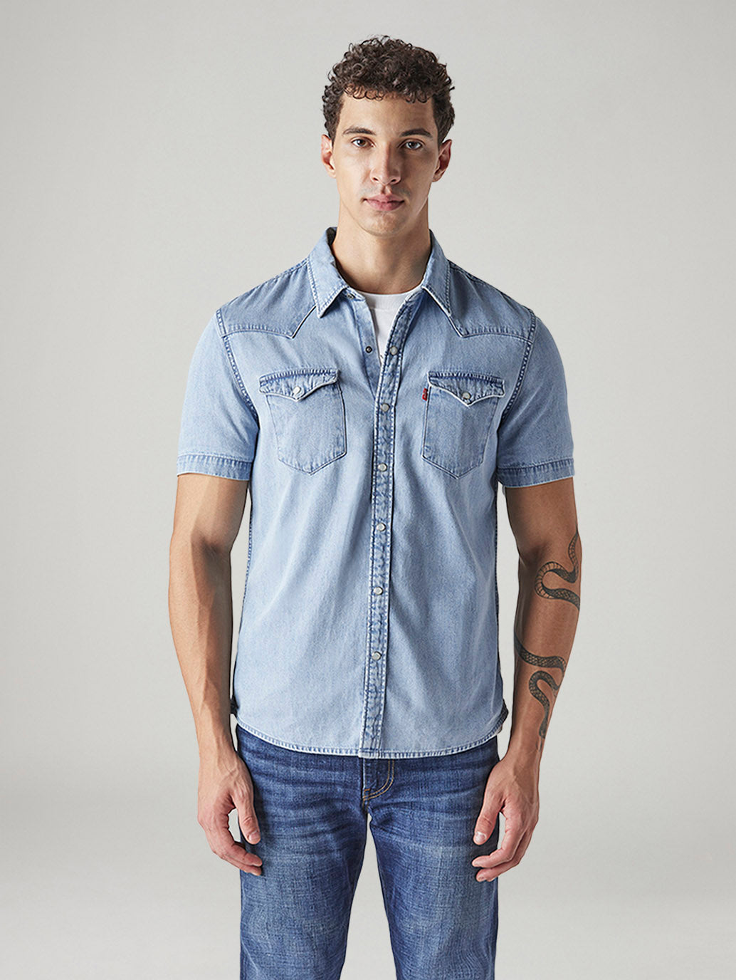 Men's Solid Slim Fit Denim Shirt - Front View