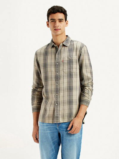 Men's Checkered Beige Slim Fit Shirt-image-33