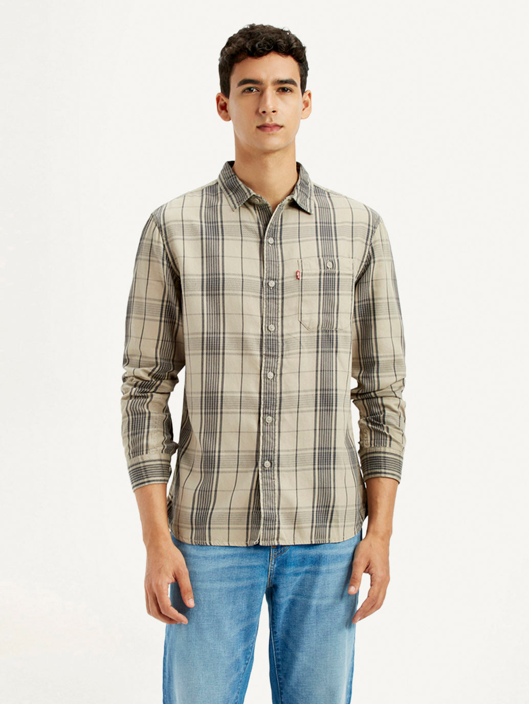 Men's Checkered Beige Slim Fit Shirt - Front View