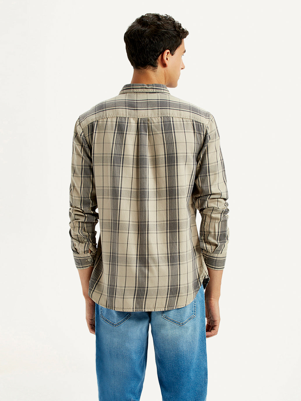 Men's Checkered Beige Slim Fit Shirt - Back View