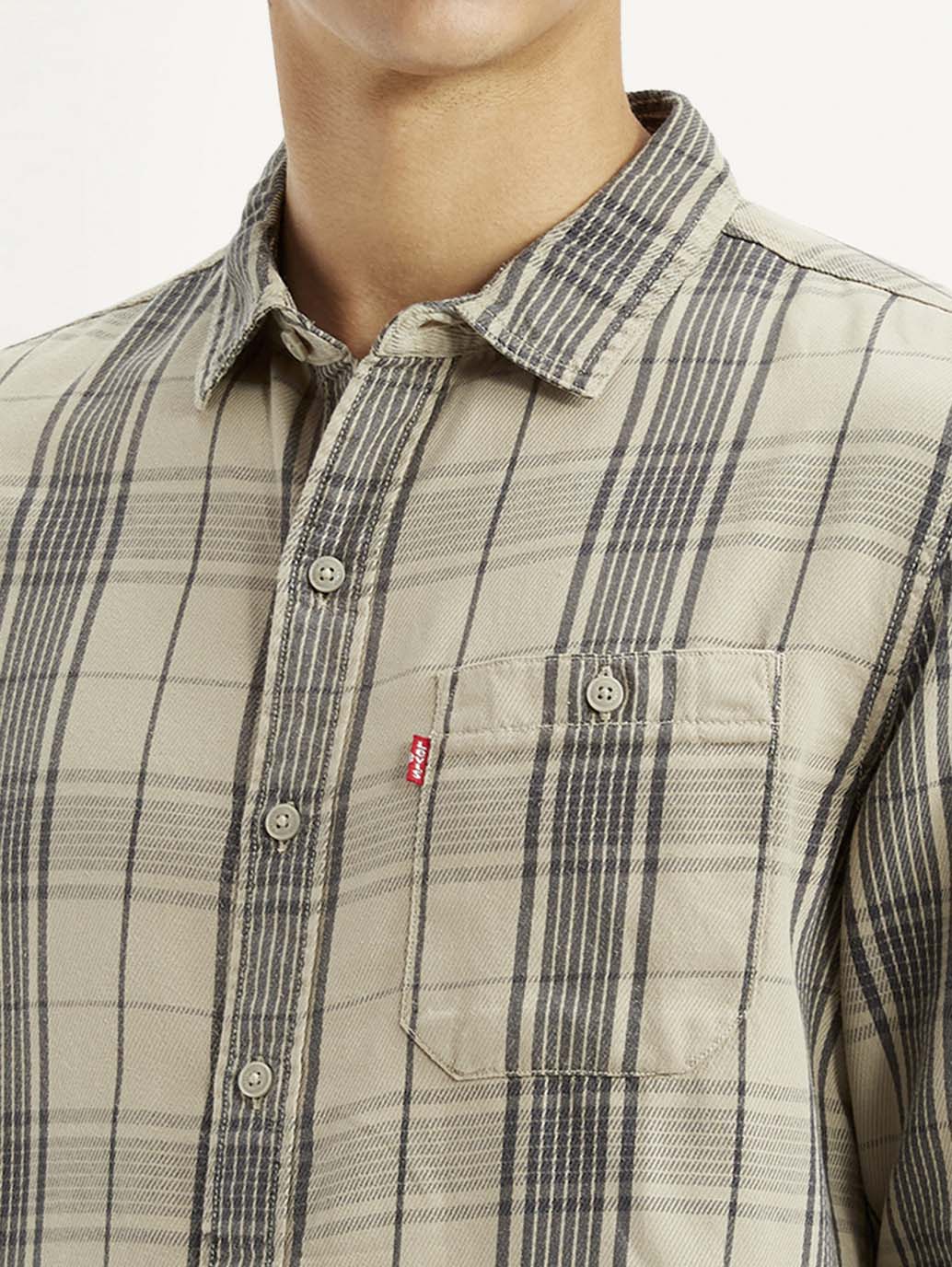 Men's Checkered Beige Slim Fit Shirt - Detail View