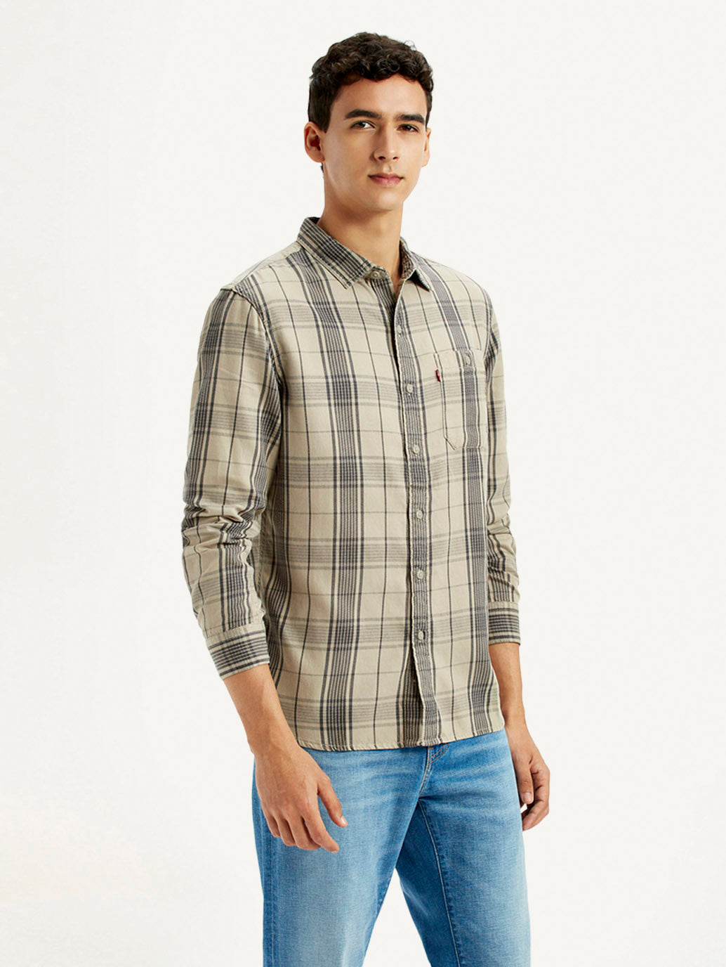 Men's Checkered Beige Slim Fit Shirt - Side View