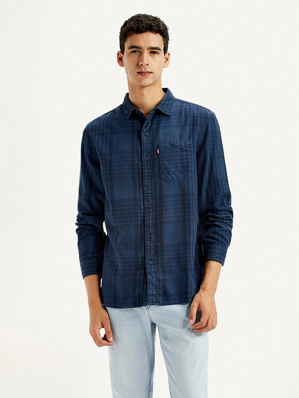 Men's Checkered Dark Blue Slim Fit Shirt - Front View