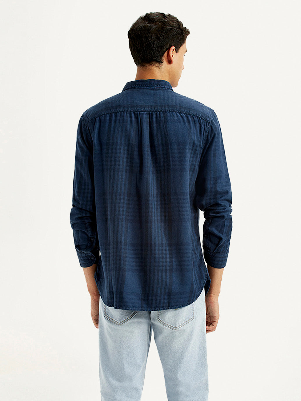 Men's Checkered Dark Blue Slim Fit Shirt - Back View