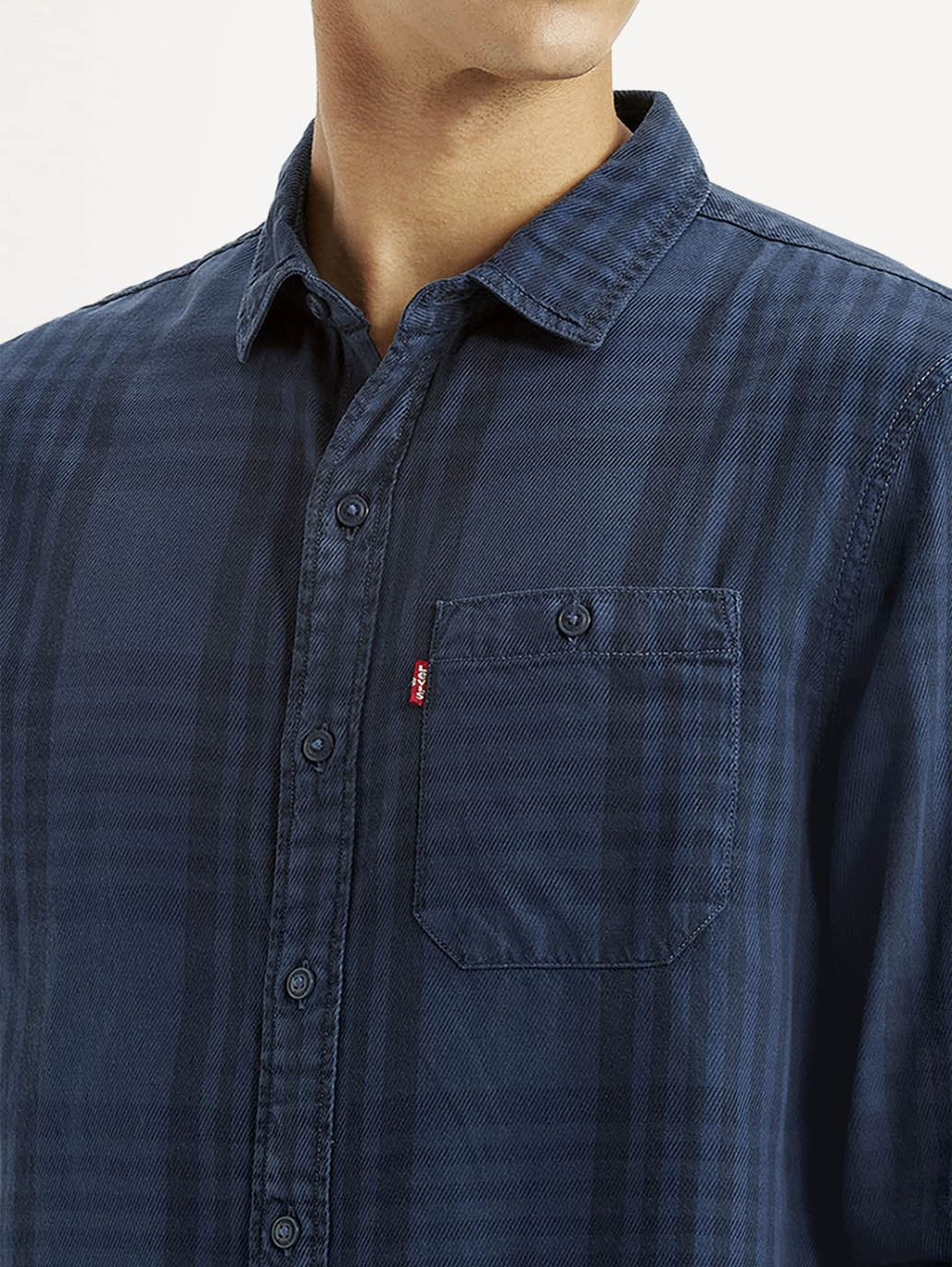 Men's Checkered Dark Blue Slim Fit Shirt - Detail View