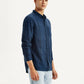Men's Checkered Dark Blue Slim Fit Shirt - Side View