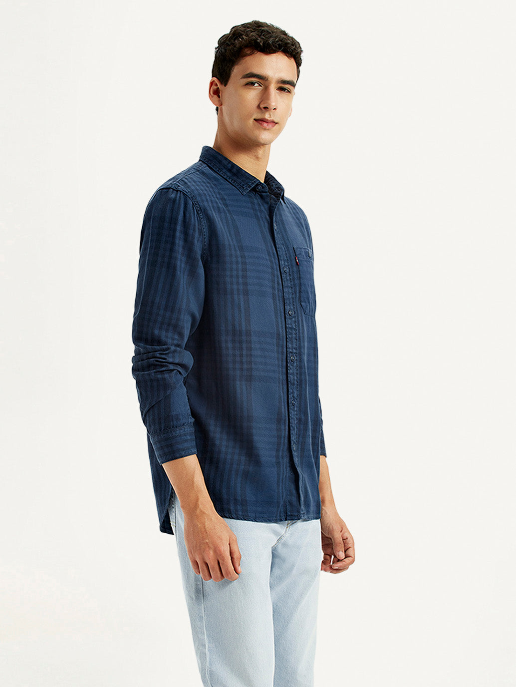 Men's Checkered Dark Blue Slim Fit Shirt - Side View