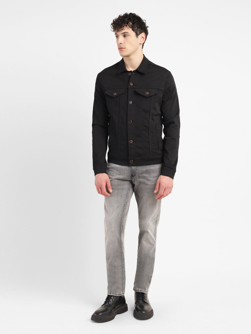 Men's Redloop Solid Black Spread Collar Denim Trucker Jacket
