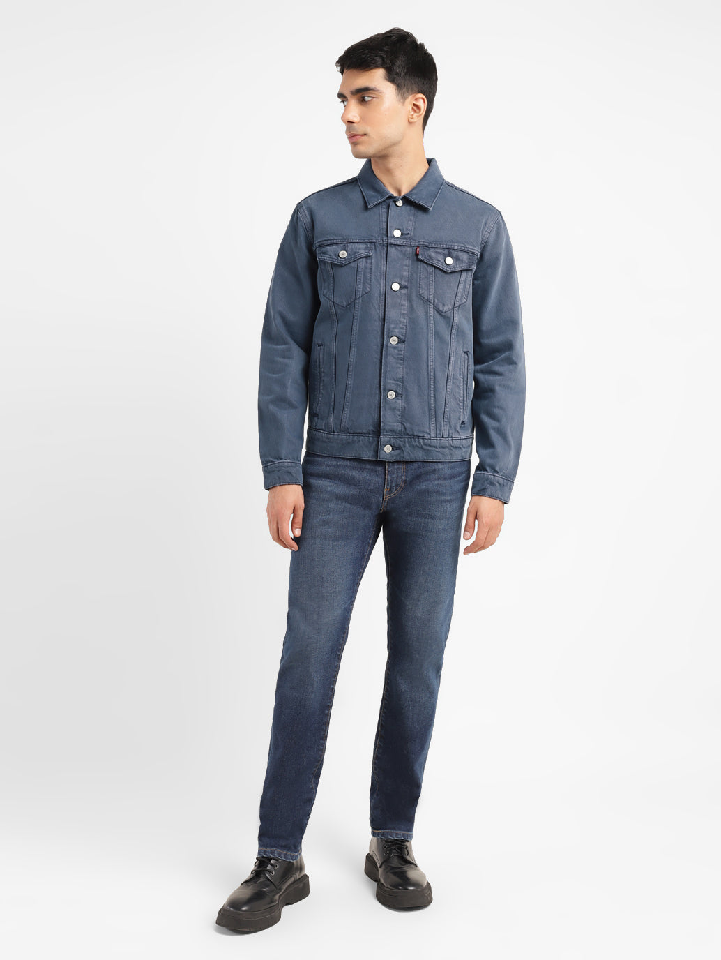 Men's Solid Mid Indigo Spread Collar Denim Jacket
