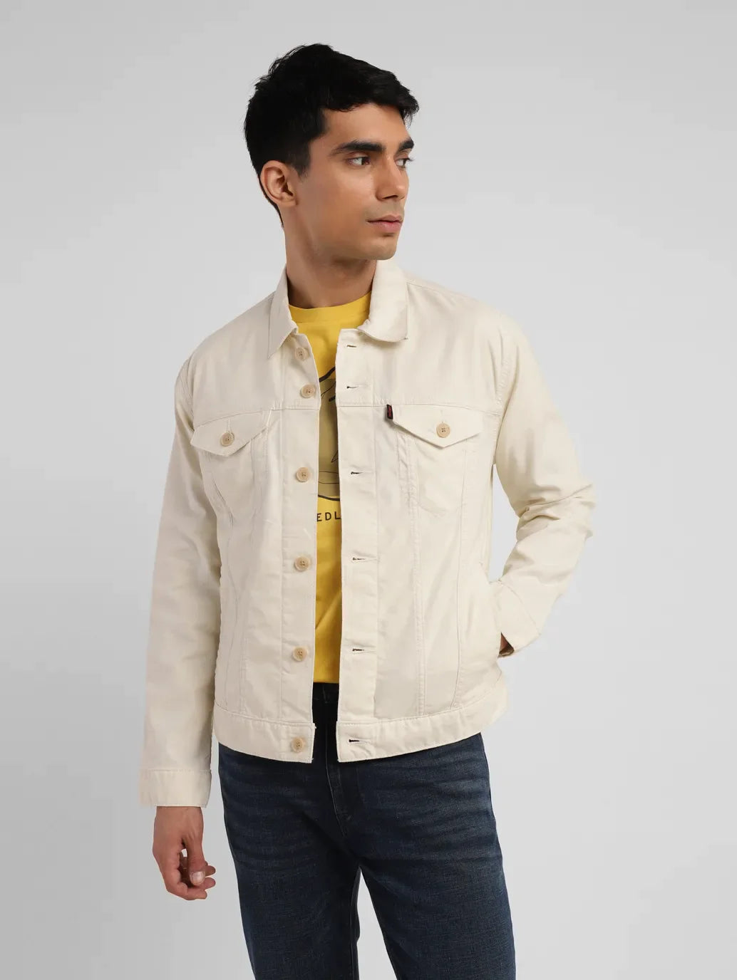 Men's Redloop Solid Cream Spread Collar Trucker Jacket