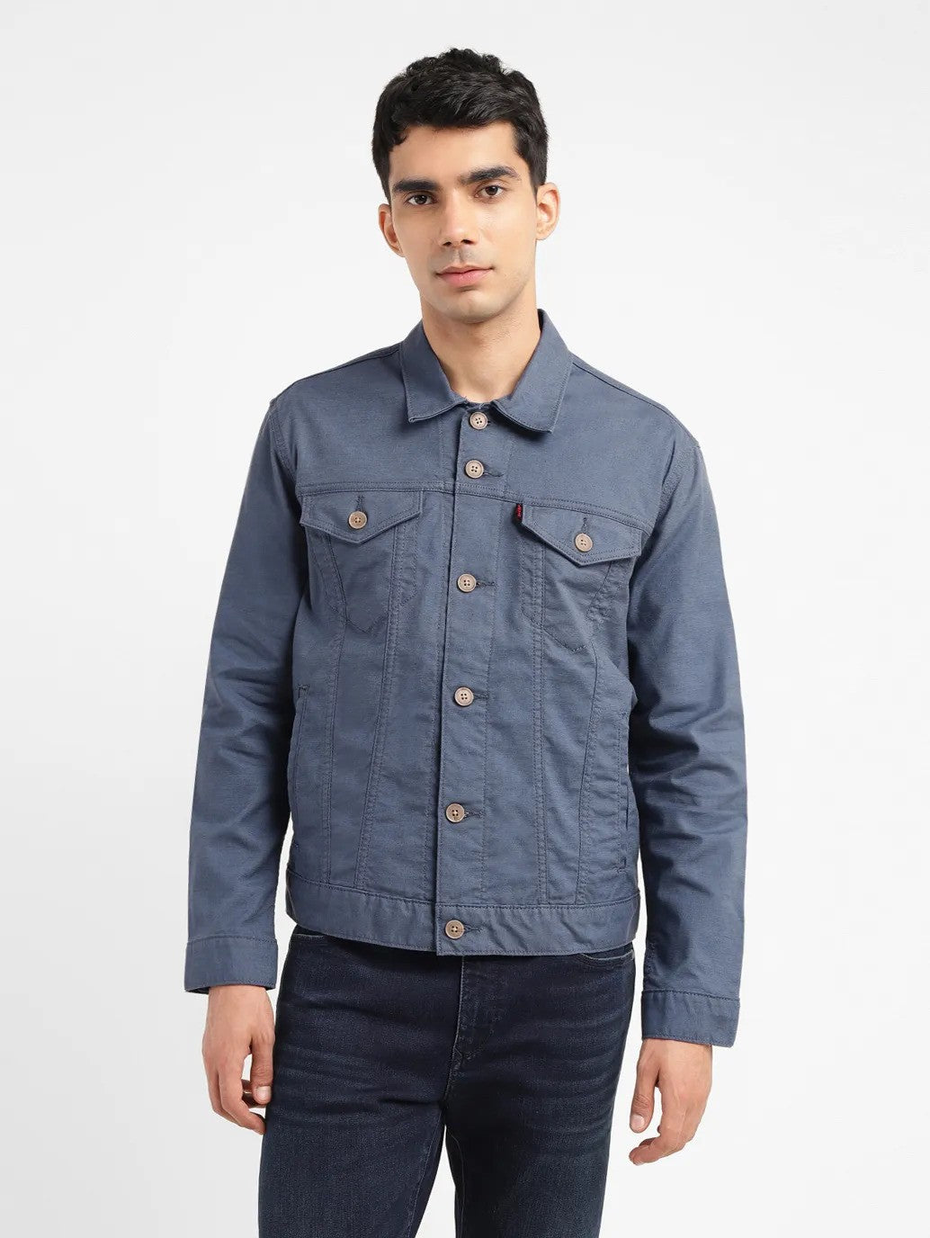Men's Redloop Solid Grey Spread Collar Trucker Jacket