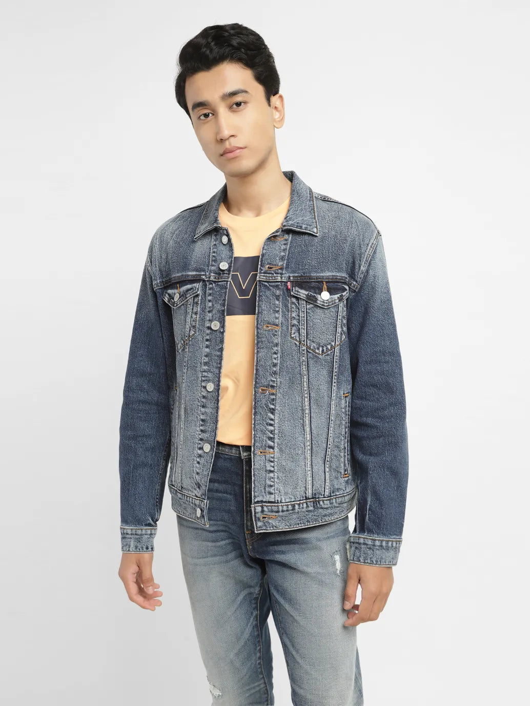 Men's Solid Mid Indigo Spread Collar Denim Jacket