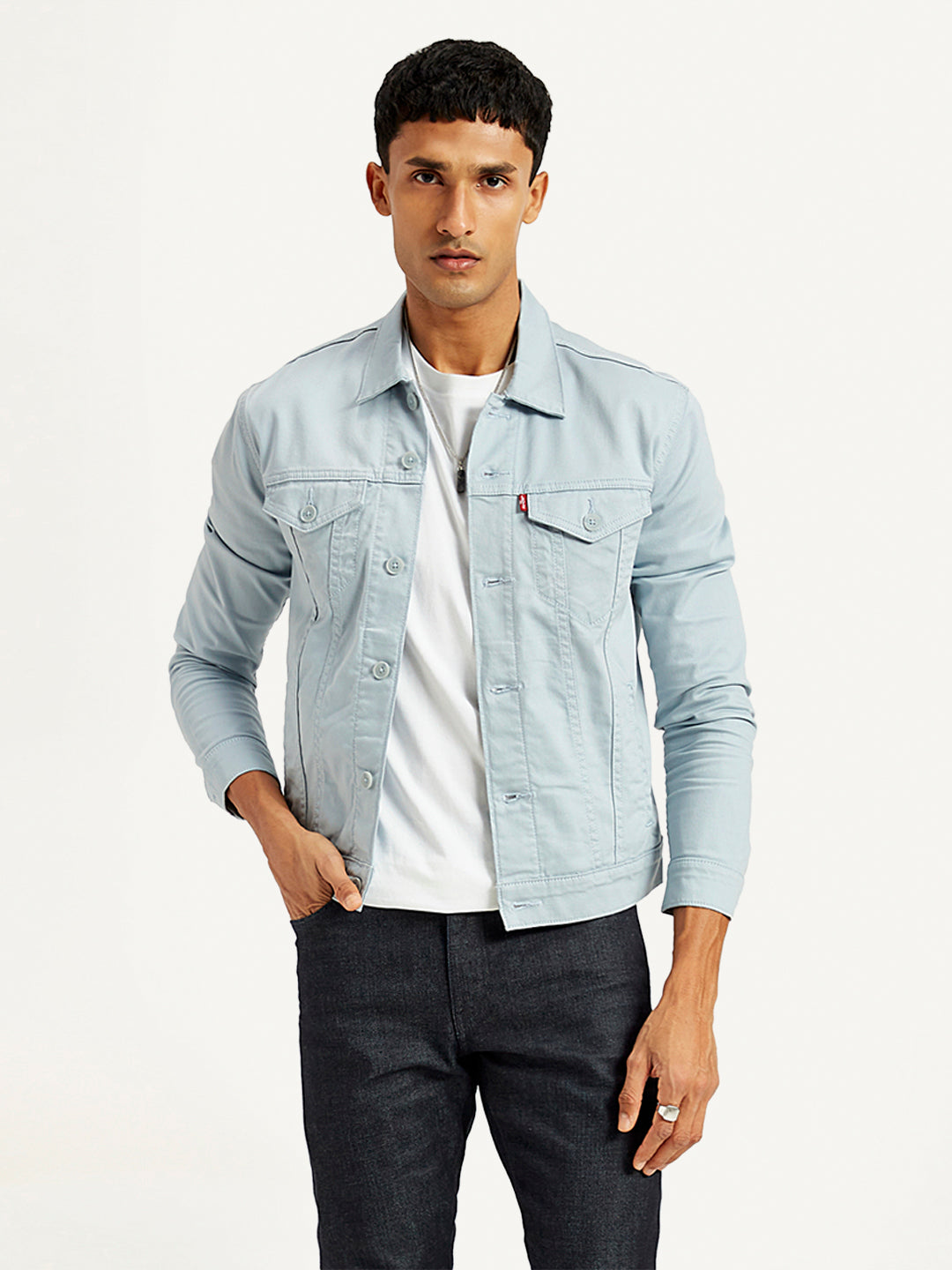 Men's Solid Light-Blue Spread Collar Trucker Denim Jacket