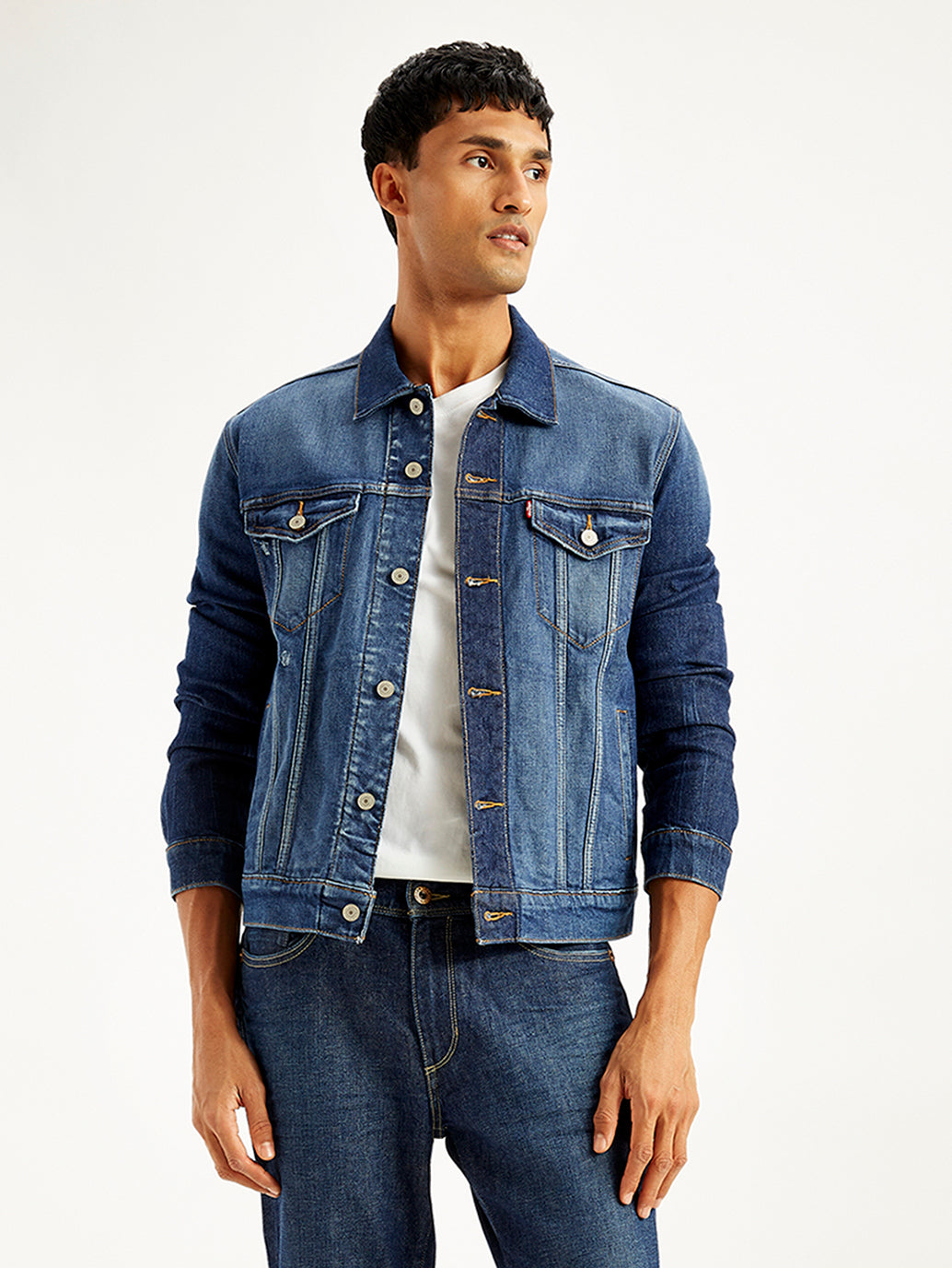 Men's Solid Navy Spread Collar Trucker Denim Jacket