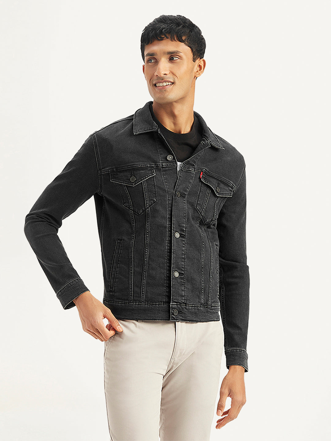 Men's Solid Black Spread Collar Denim Trucker Jacket