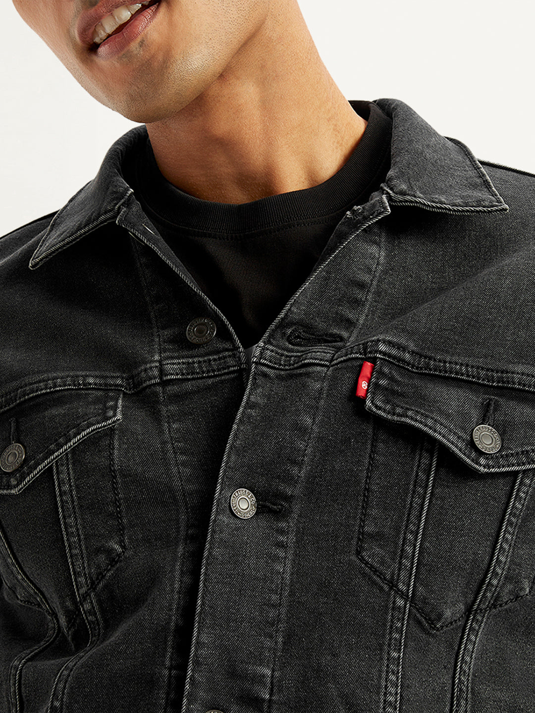 Men's Solid Black Spread Collar Trucker Jacket