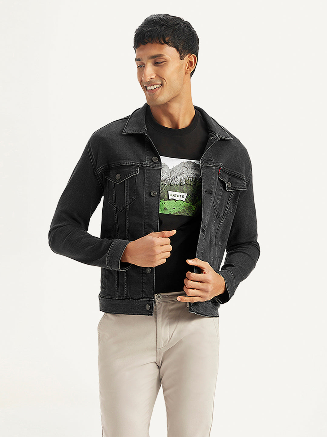 Men's Solid Black Spread Collar Denim Trucker Jacket