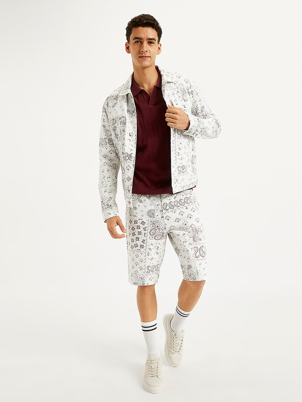 Men's Printed White Spread Collar Trucker Jacket