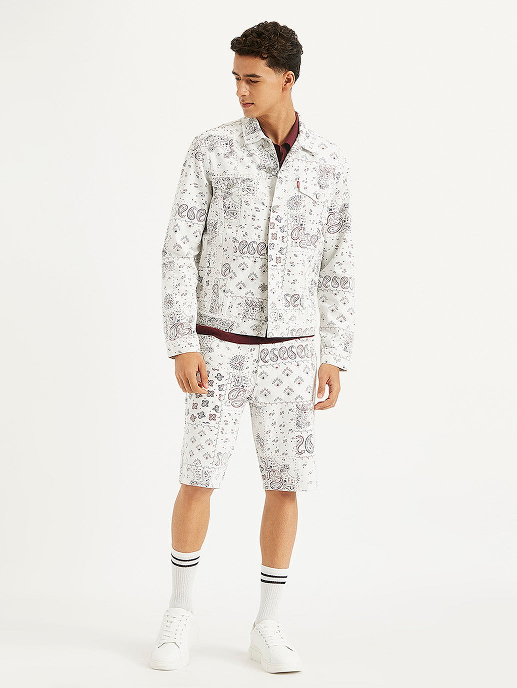 Men's Printed White Spread Collar Trucker Jacket