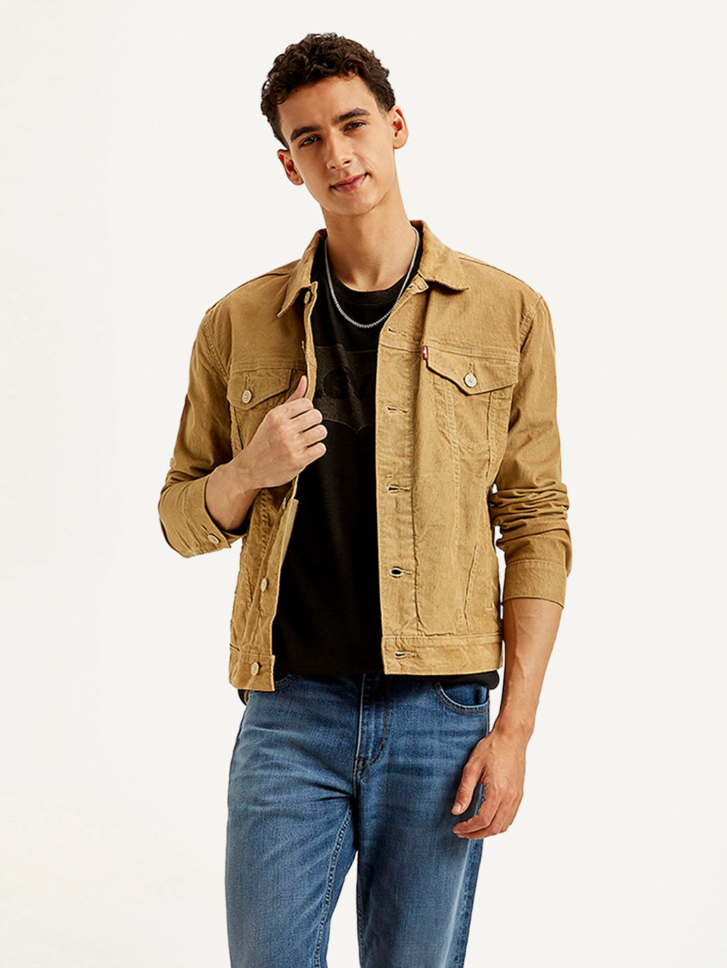 Men's Solid Light Brown Spread Collar Corduroy Jacket