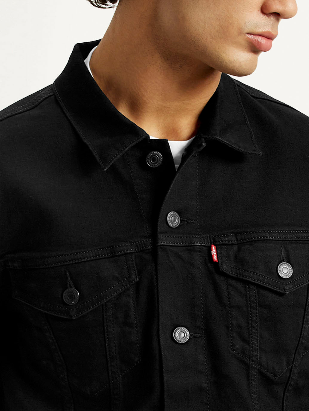 Men's Solid Black Spread Collar Jacket - Detail View