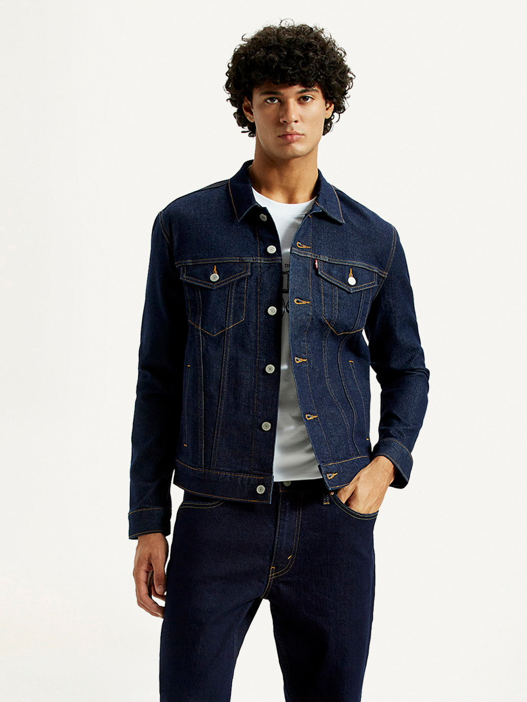 Men's Solid Blue Spread Collar Denim Jacket - Styleshot View