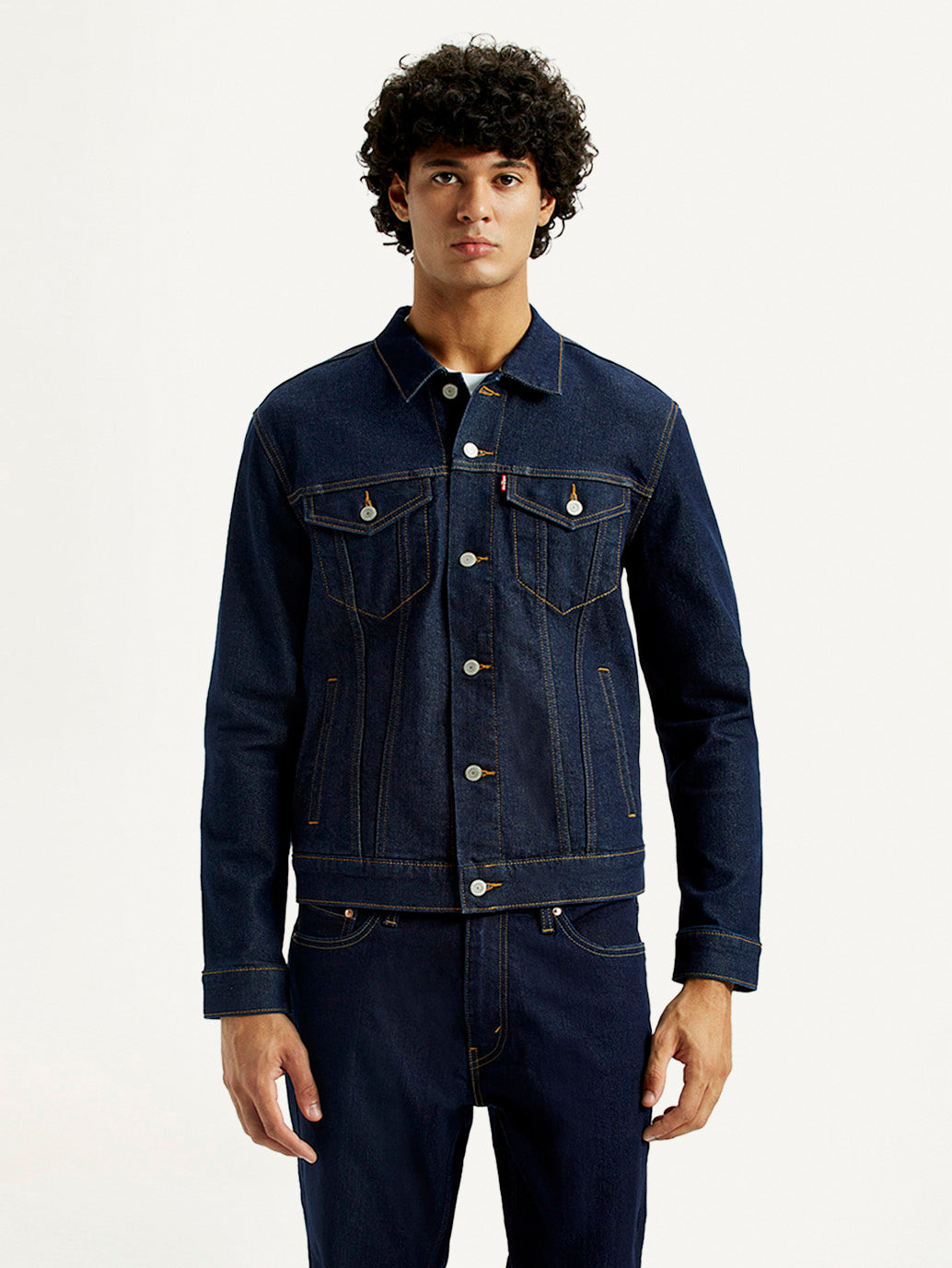Men's Solid Blue Spread Collar Denim Jacket - Front View