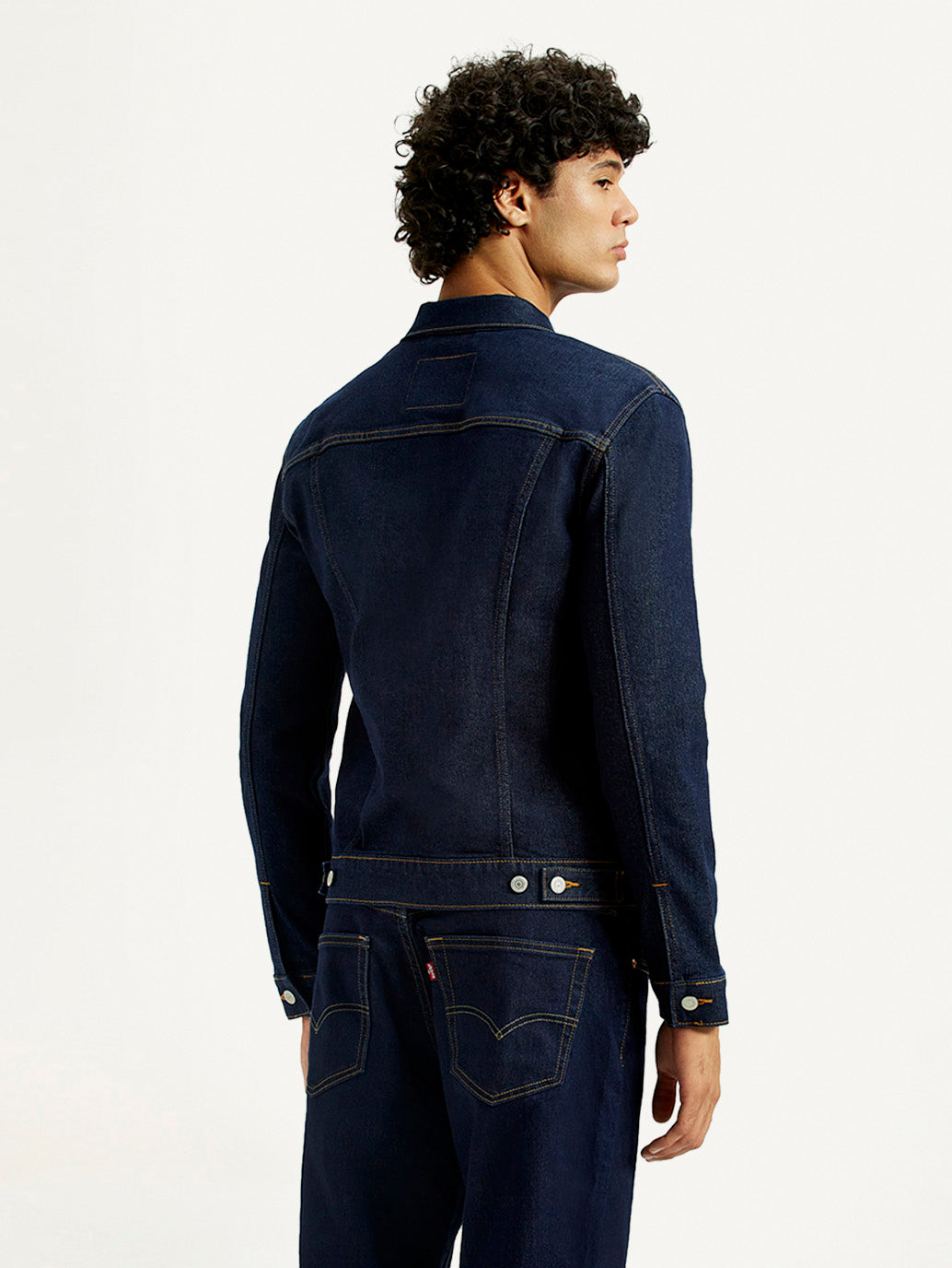 Men's Solid Blue Spread Collar Denim Jacket - Back View