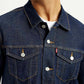 Men's Solid Blue Spread Collar Denim Jacket - Detail View