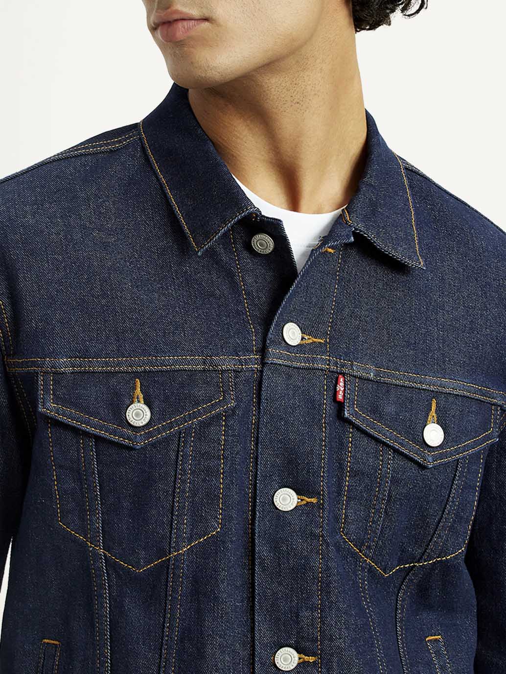 Men's Solid Blue Spread Collar Denim Jacket - Detail View