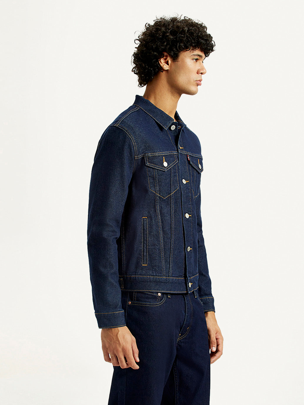 Men's Solid Blue Spread Collar Denim Jacket - Side View
