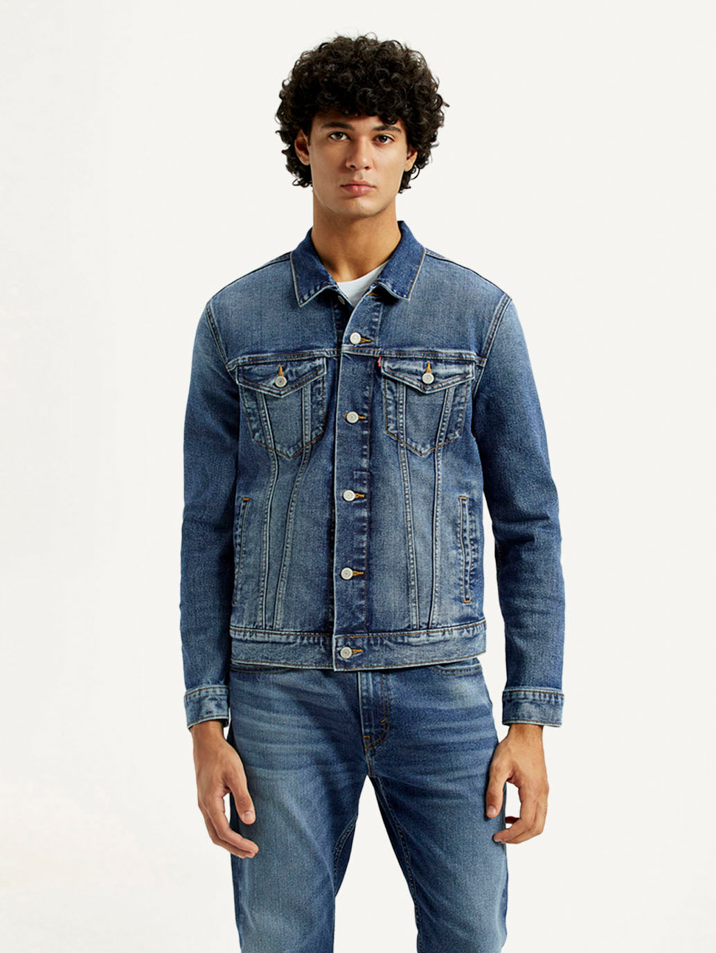 Men's Solid Med Indigo Spread Collar Denim Jacket - Front View