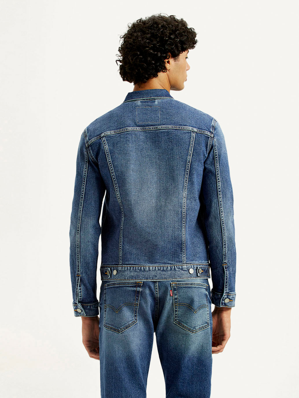 Men's Solid Med Indigo Spread Collar Denim Jacket - Back View
