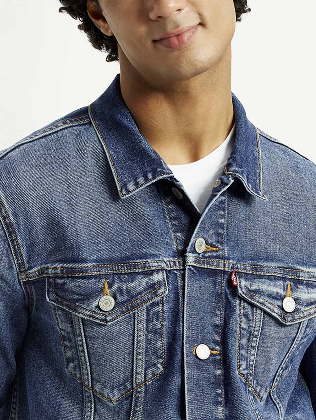 Men's Solid Med Indigo Spread Collar Denim Jacket - Detail View