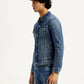 Men's Solid Med Indigo Spread Collar Denim Jacket - Side View
