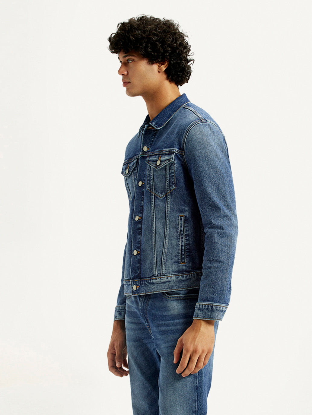 Men's Solid Med Indigo Spread Collar Denim Jacket - Side View