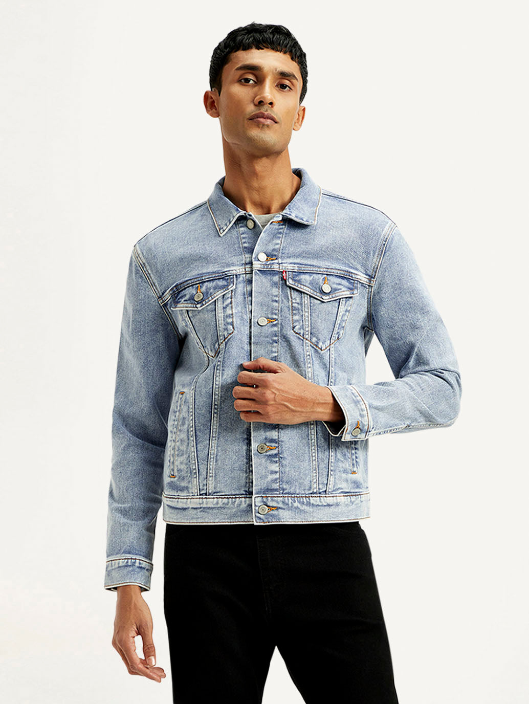 Men's Solid Blue Spread Collar Trucker Jacket - Front View