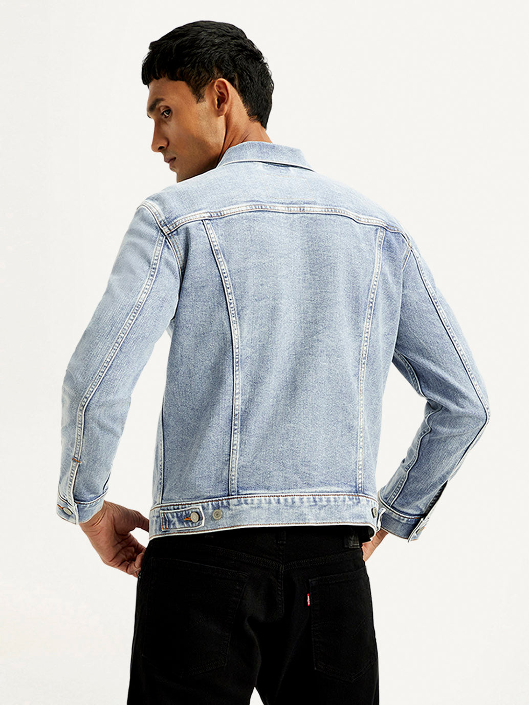 Men's Solid Blue Spread Collar Trucker Jacket - Back View