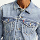 Men's Solid Blue Spread Collar Trucker Jacket - Detail View