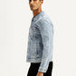 Men's Solid Blue Spread Collar Trucker Jacket - Side View